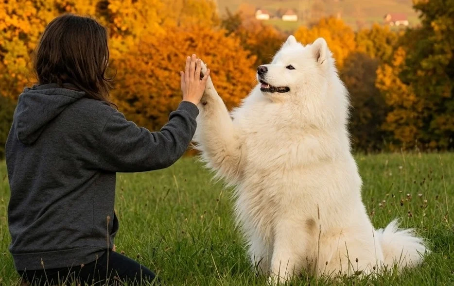 飼い主とハイタッチするサモエド